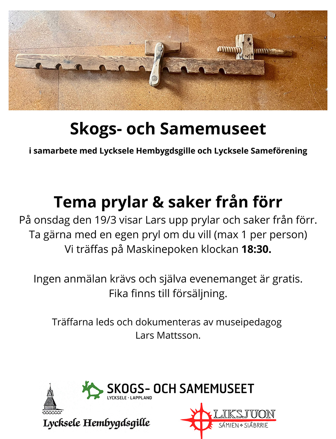 Informationsblad, "Tema prylar & saker från förr", 2025-03-19.